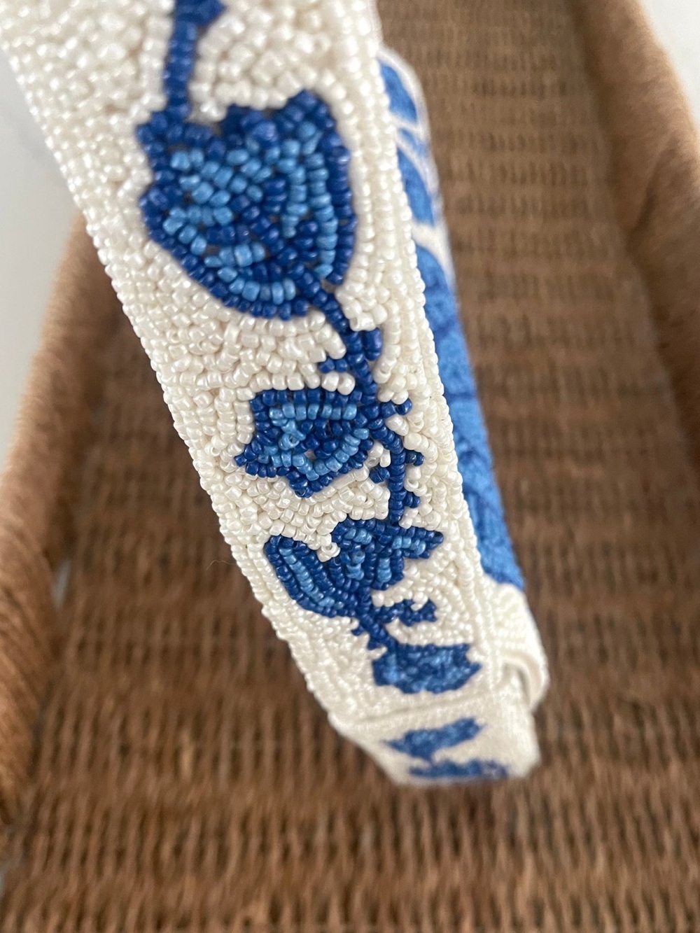 White Beaded Shoulder Bag with Blue Floral Design - Picture 2 of 5